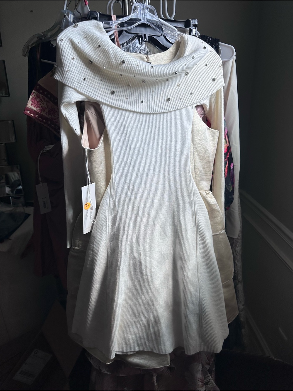 BCX Ivory Ribbed Cold-Shoulder Sweater Dress with Embellished Cowl
